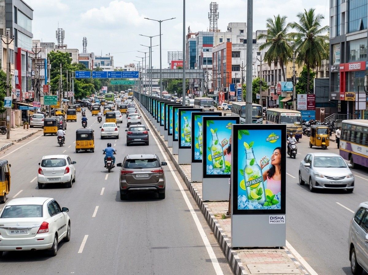 Row of centre median advertising panels along a wide Hyderabad city road
