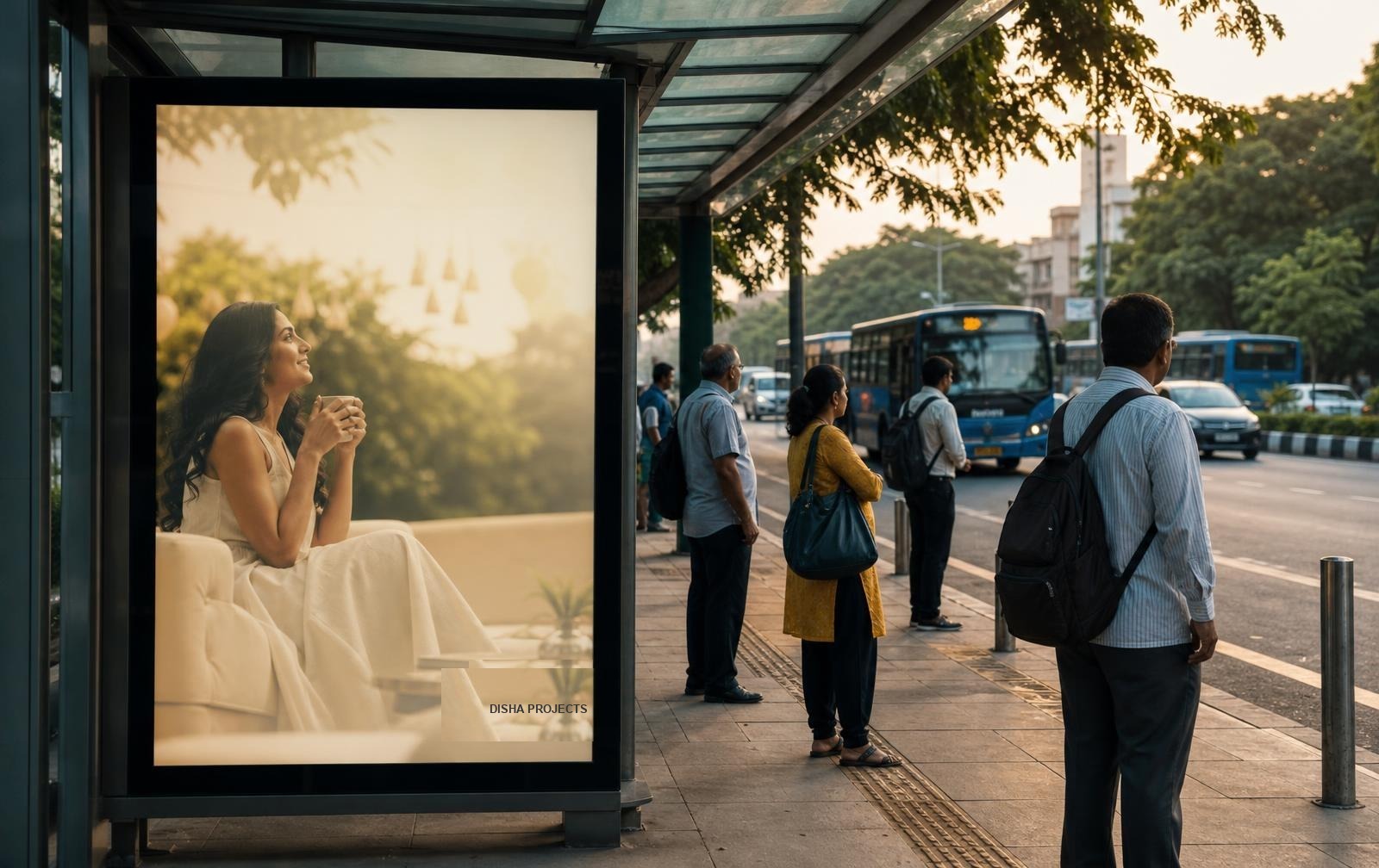 Bus shelter advertising panel on a city street with commuters waiting