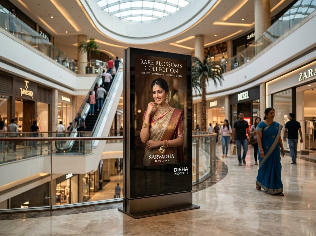 Vertical digital advertising screen inside a premium shopping mall interior