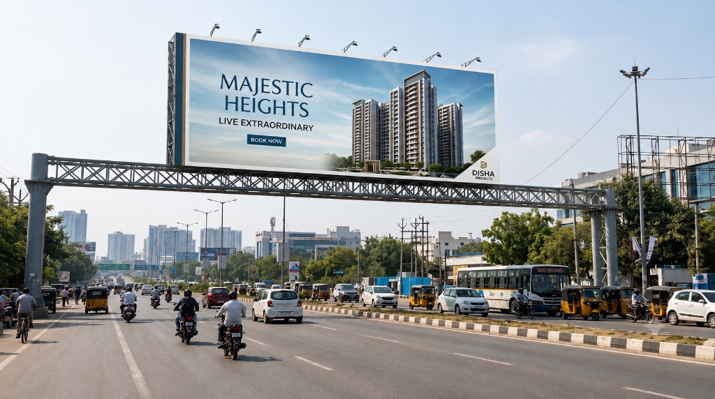 Large-format hoarding advertising billboard on a busy Hyderabad road with daytime traffic