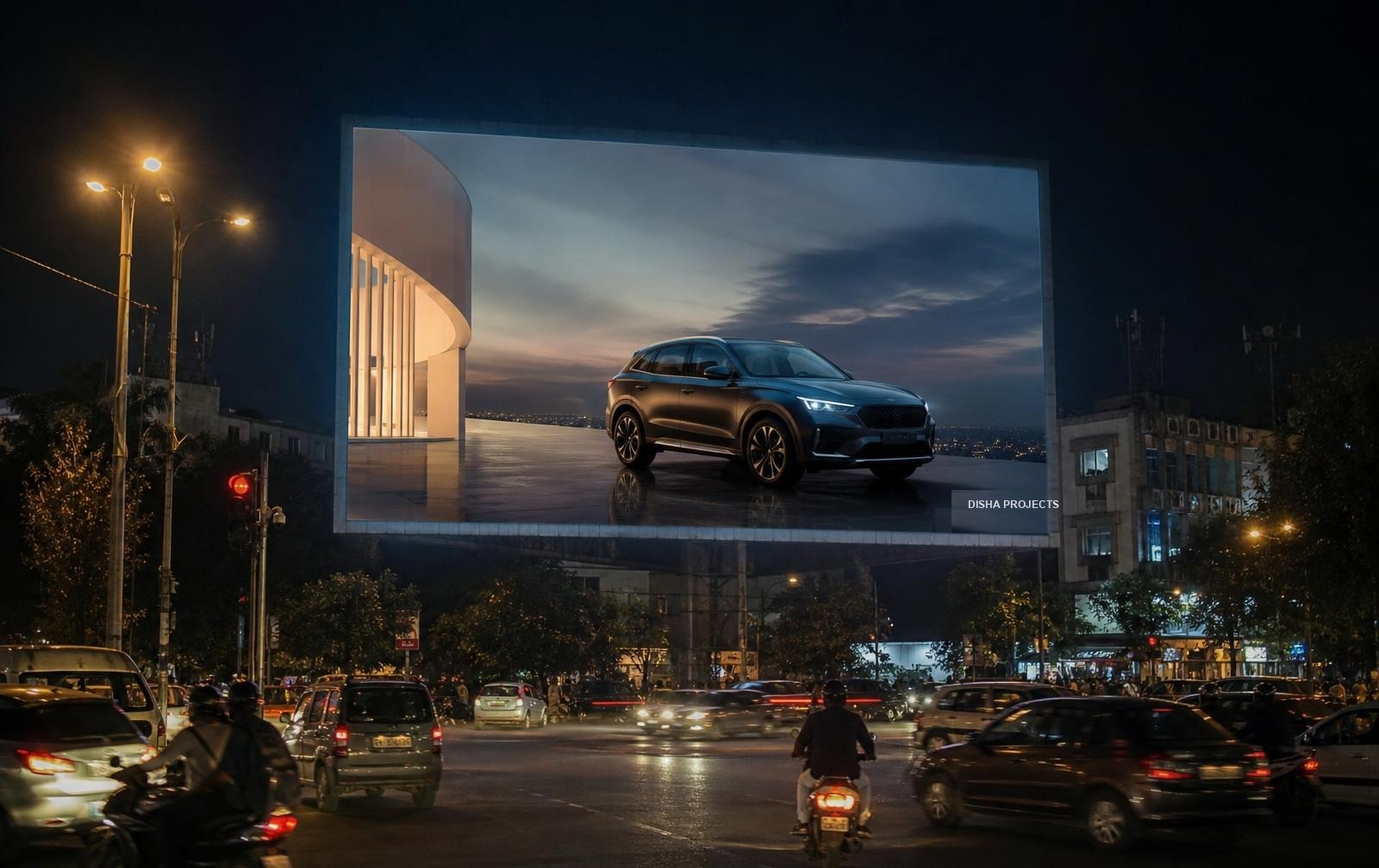 Large digital billboard advertising glowing above a city intersection at night