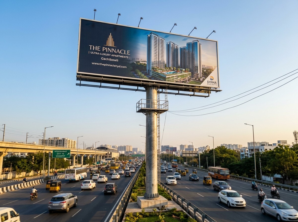 Tall unipole advertising billboard beside a Hyderabad arterial road at late afternoon